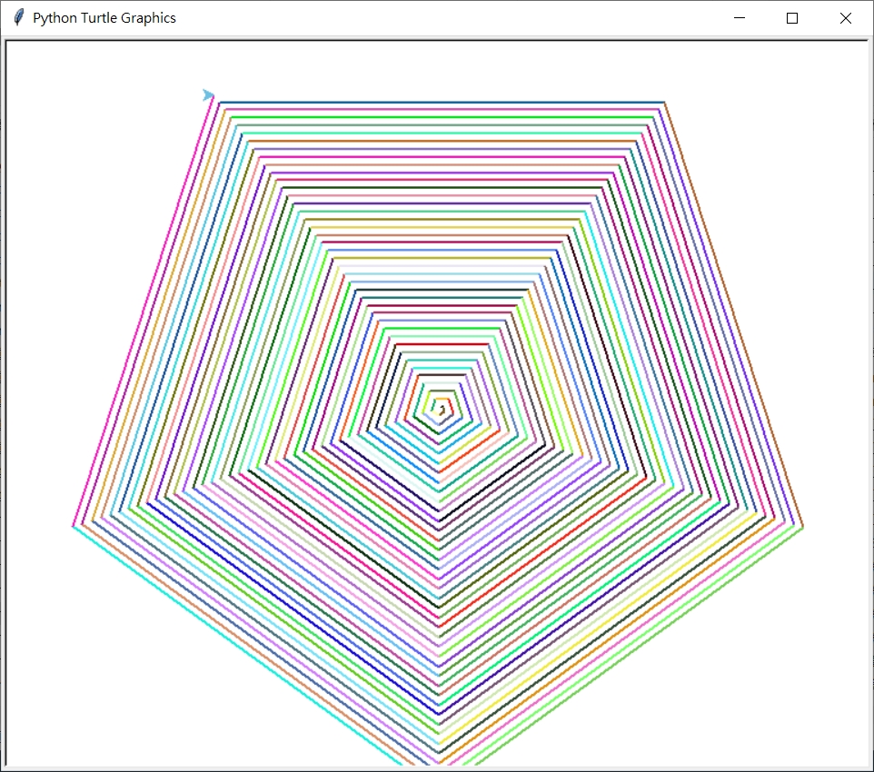 help('turtle.tracer')_例子_4.10 畫螺旋正5邊形_color