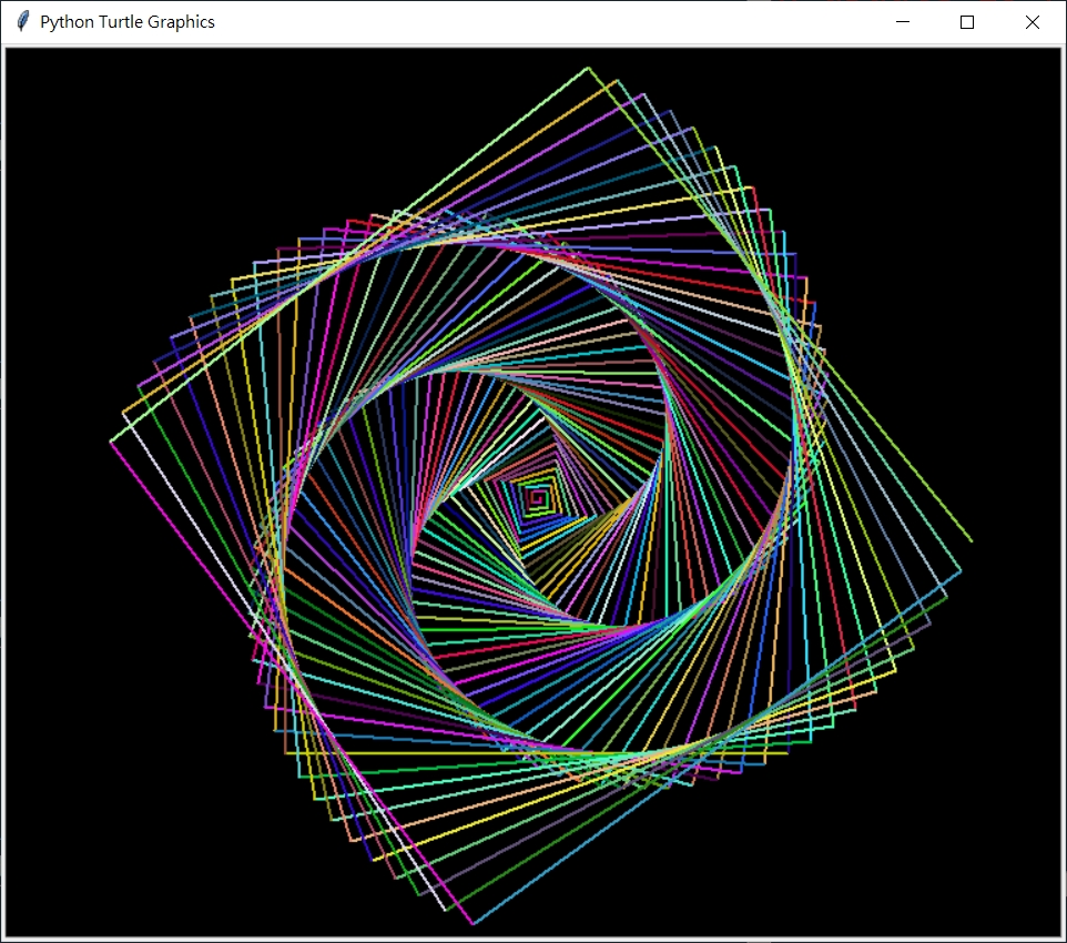 help('turtle.tracer')_例子_4.10 畫螺旋正方形_color_89_black