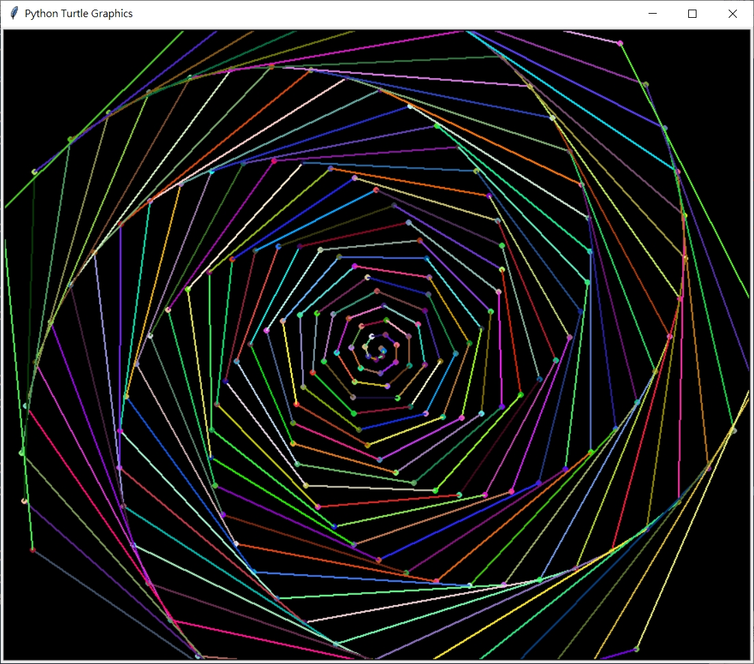 help('turtle.tracer')_例子_4.10 畫螺旋七方形_彩色串珠_color