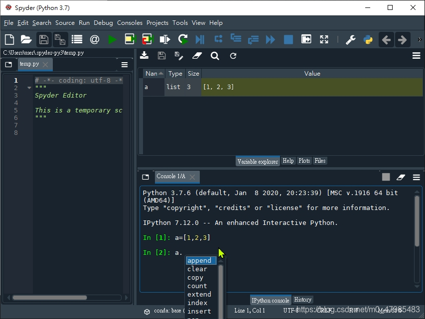 在 Spyder 按 tab 鍵 會有自動補齊指令拼字的功能